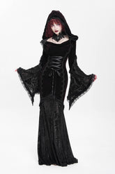 Black/Red Long Trumpet Sleeves Embroidery Stitching Lace Hooded Mesh Women's Gothic Dress